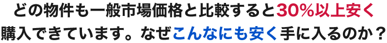 どの物件も一般市場価格と比較すると30％以上安く購入できています。なぜこんなにも安く手に入るのか？